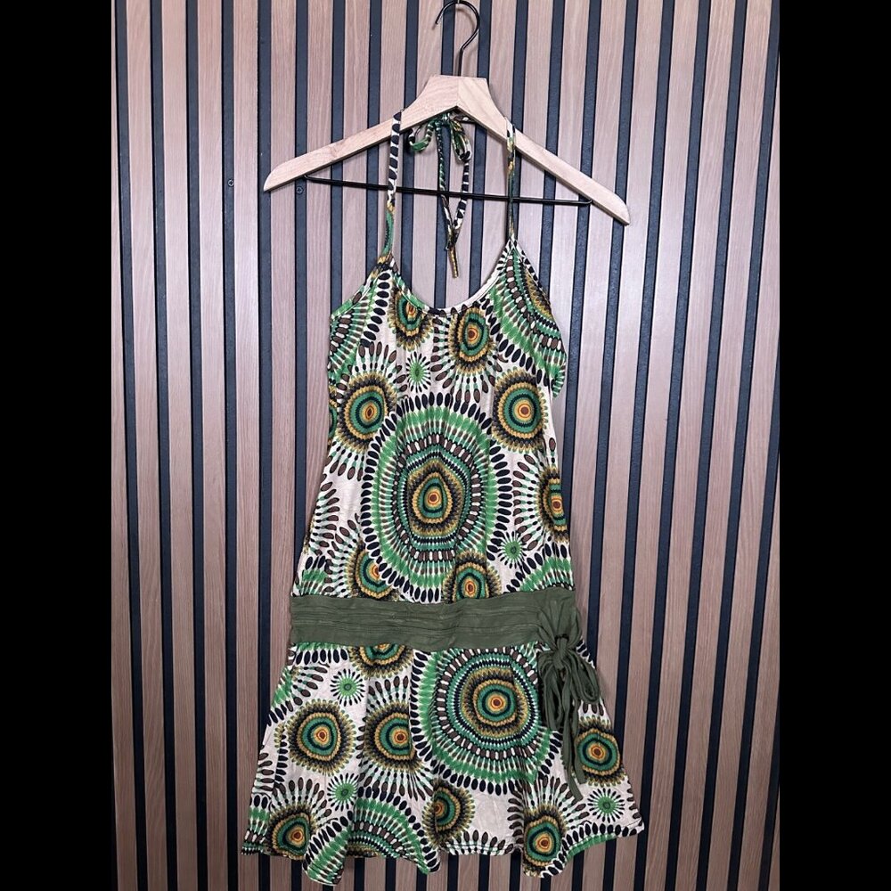 Avatar Dress XL Womens Green Halter Neck Tie Geometric Stretch Midi